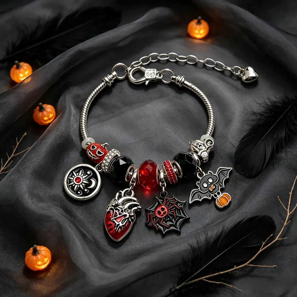 Halloween Red Black Gothic Charm Bracelet Snake Chain Dangle Wristband Anatomical Heart Spider Web Bat Pumpkin Sun Moon Pendants Skull Beads Vampirecore Spooky Season Fashion Jewelry Gift For Women