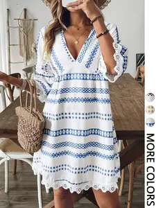 Summer Geometric Print V Neck Lace Trim Seven-Quarter Sleeve Doll Dress, Boho Style Beach Vacation Casual Dress for Women, Beach Resort Wear