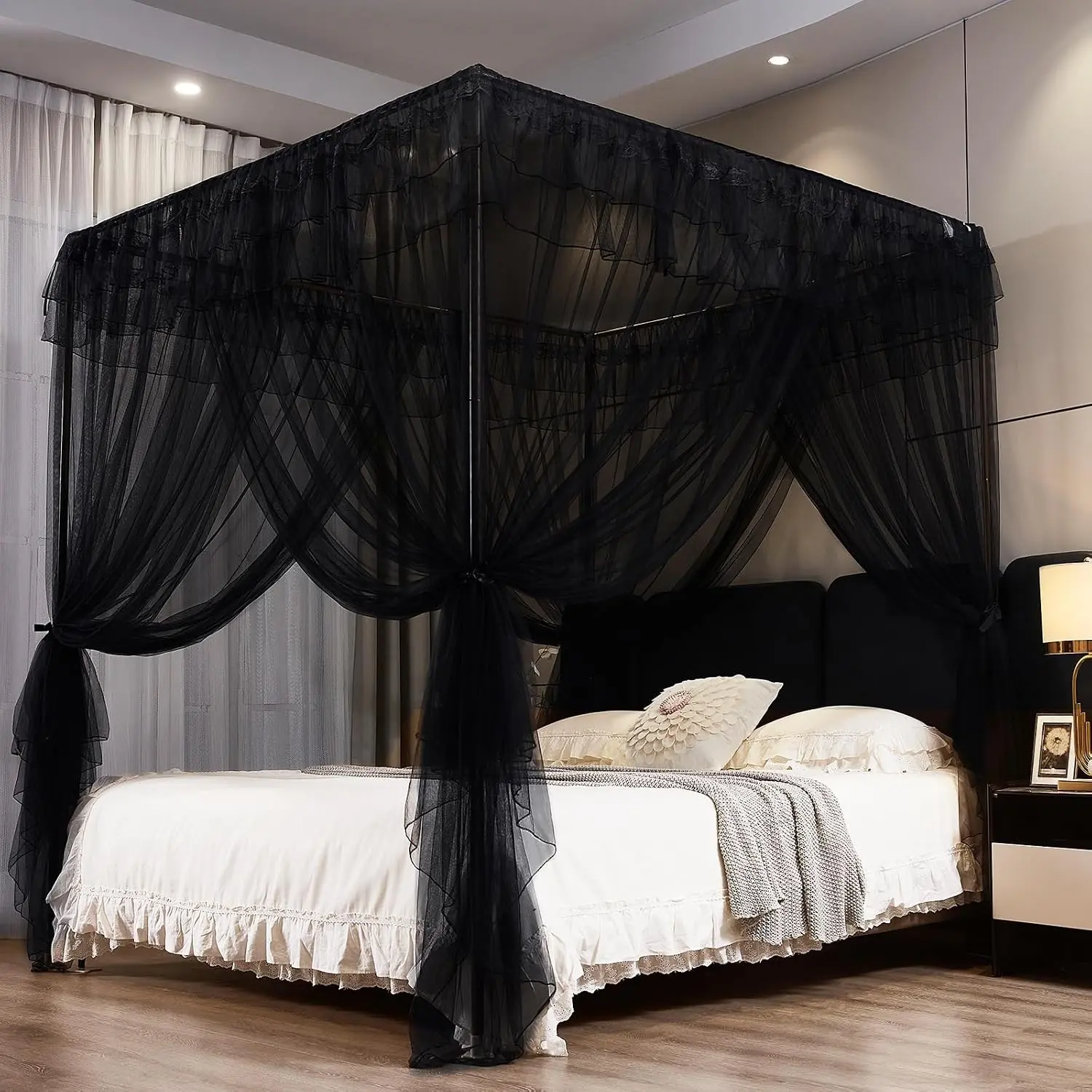 Black Canopy Bed Curtains for Girls & Adults, Queen King Bed Canopy Drapes Netting, Practical Mosquito Net for Bed (Black, King- 86" W*78" L*82" H)