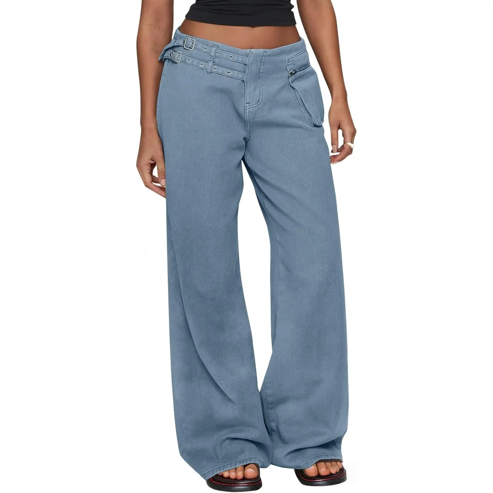 Aoysky Womens Low Rise Wide Leg Cargo Jeans with Buckle Detail Multi Pockets 100% Cotton Y2k Baggy Denim Pants