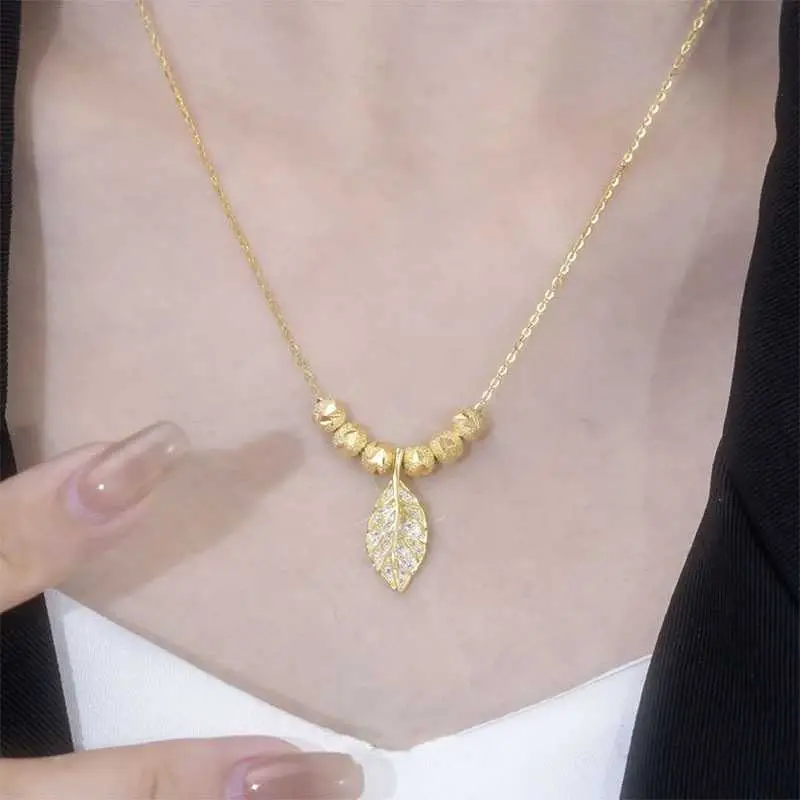 New Golden Branch Jade Leaf Lucky Bead Necklace Electroplated Elegant Titanium Steel Leaf Pendant Versatile Clavicle Chain Necklace HDL260922D26
