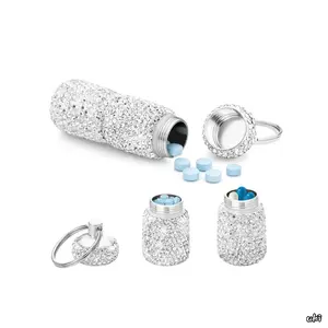 Sparkling Rhinestone Decor Portable Pill Box Keychain For Women & Men, Mini Pill Storage Case Organizer With Key Ring, Stylish Daily Carry Accessory Pendant