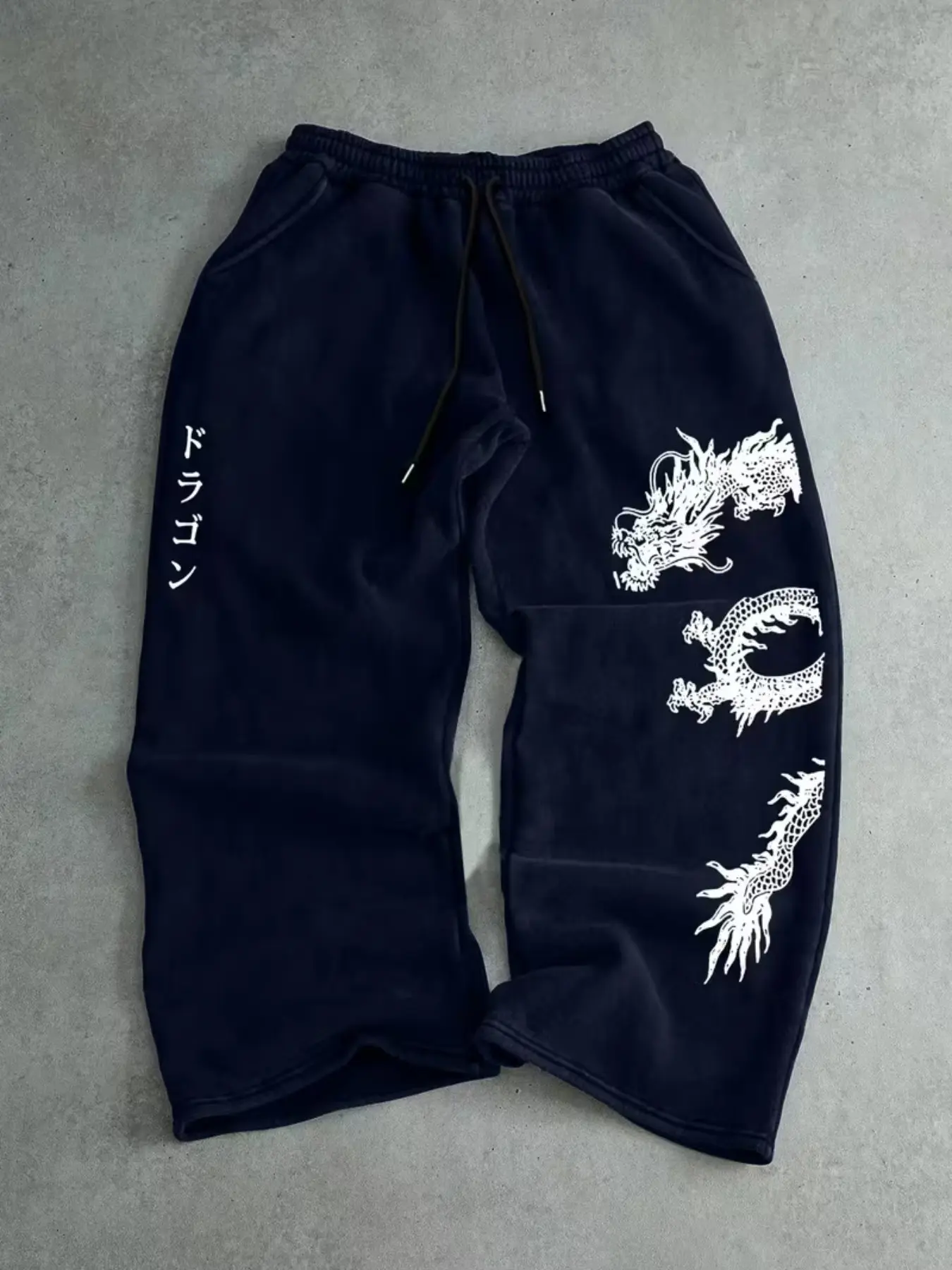 Men's Japanese Style Dragon Print Wide Leg Sweatpants, Vintage Washed Loose Fit Straight Pants, Street Fashion Casual Sports Trousers