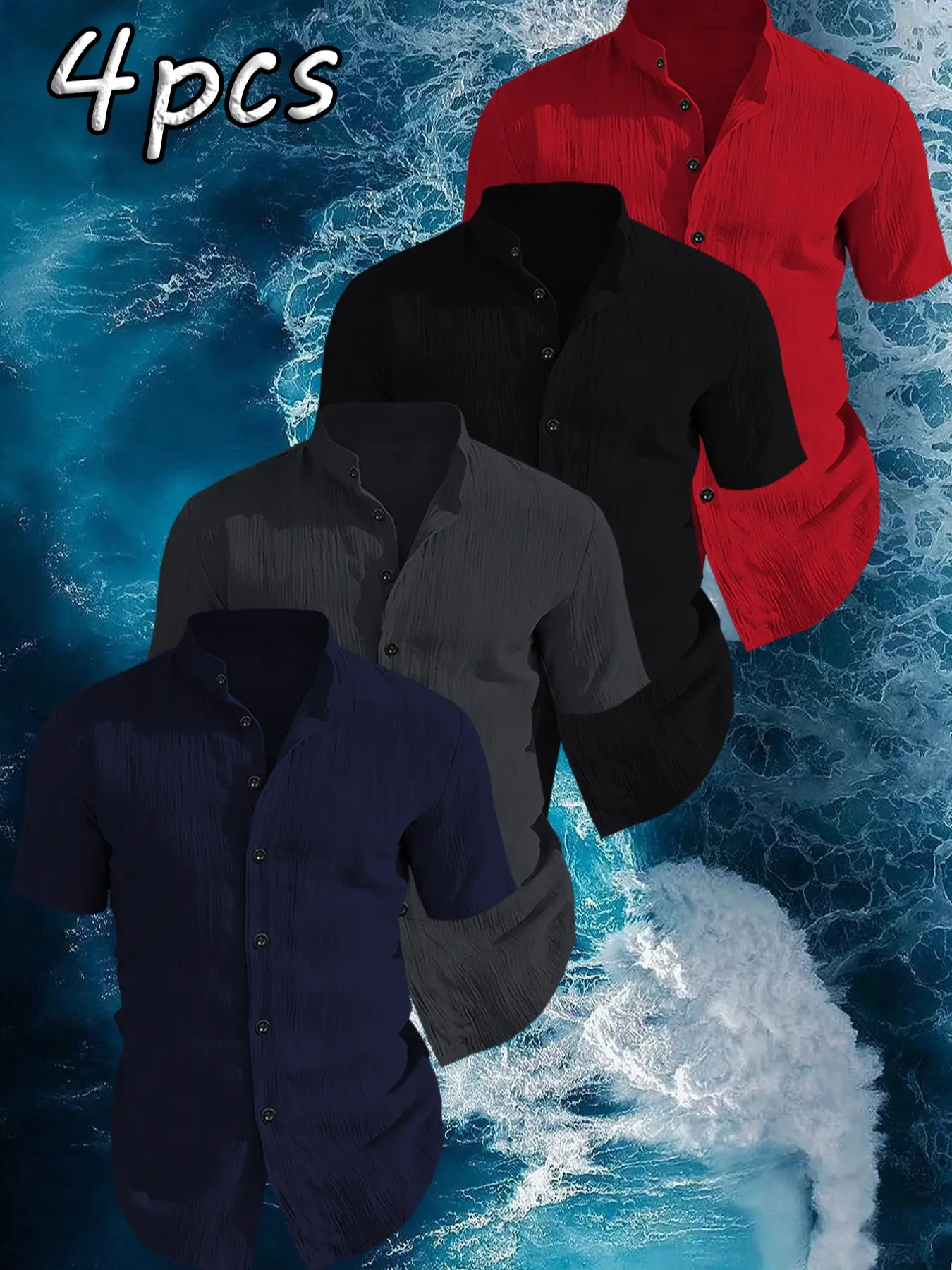 4-Pack Men's Summer Short Sleeve Casual Shirts, Solid Color, Lightweight Breathable, Stand Collar Button Shirt, Ideal for Beach Poolwear