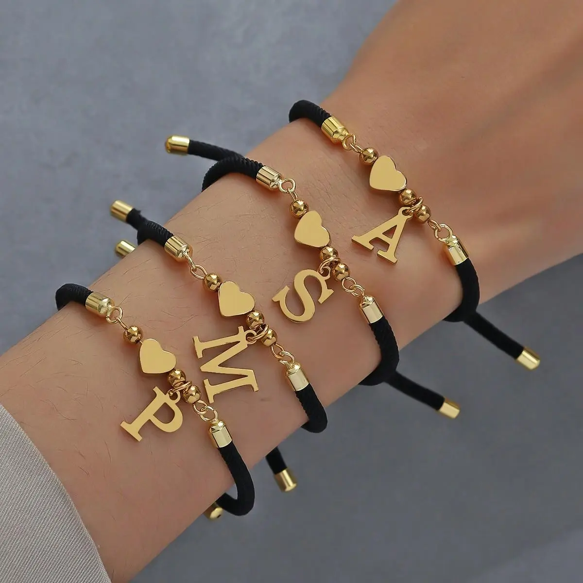 Trendy Initial Heart Bracelet, 18K Gold Plated Stainless Steel Tiny Heart Letter White/Black String Name Bracelets for Women Men Handmade Jewelry Matching Couple Bracelets Gift