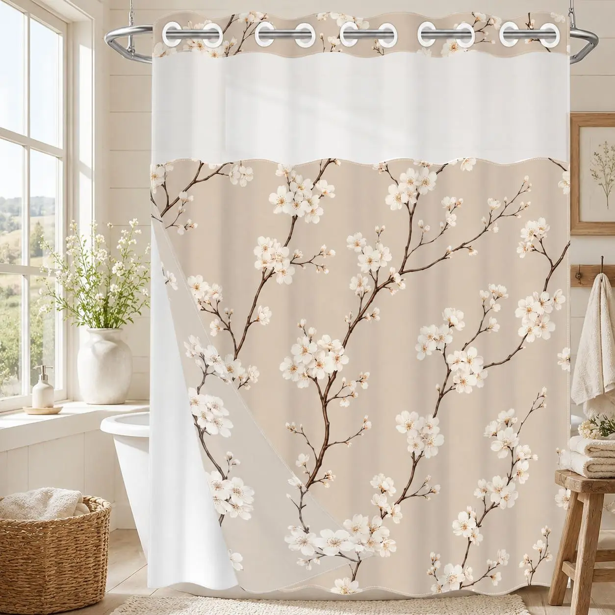 1Pc Hookless Double Layer Shower Curtain, Beige Cherry Blossom Floral Branch Print, Minimal Farmhouse Bathroom Makeover Decor Curtain, Water Repellent Washable Fabric, Removable Snap-in Liner, Top See-Through Window, For Apartment, Hotel, Guest Bath