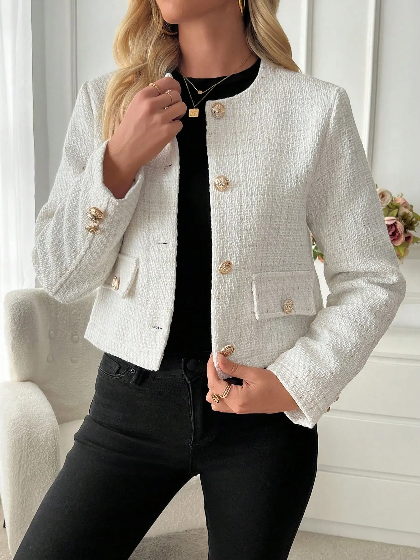 Elegant Women's Tweed Long Sleeve Round Neck Pilot Jacket, Front Button Outerwear, Fashion Autumn Cardigan, Stylish Ladies' Coat, Slim