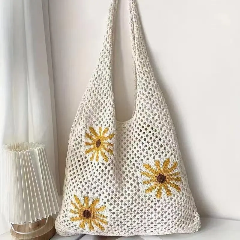Women's Solid Color Straw Bag with Flower Decor, Fashionable Crochet Shoulder Bag Crossbody for Daily Used, Casual Trendy Versatile High-quality Daily Commuting Bag, Stylish Versatile Bag, Casual Trendy Purses Lightweight Traditional Chinese folk crafts