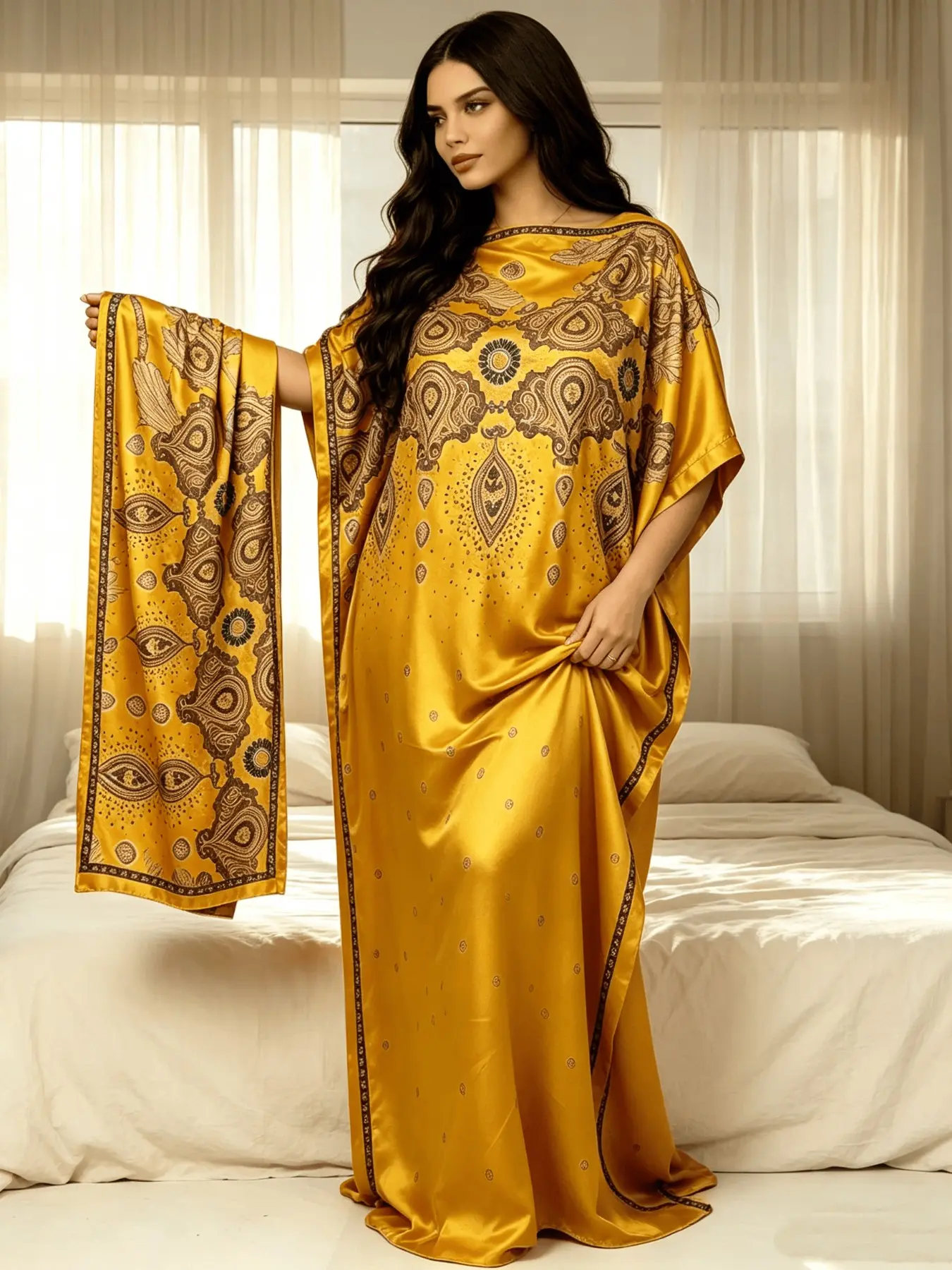 Plus Size Vibrant Bright Gold Base Vintage Ornate Geometric Tribal Ethnic Print Kaftan Two Piece Set With Matching Scarf, Oversized Loose Split Hem Maxi Caftan Robe, Soft Light Breathable Fabric Elegant Boho Beach Cover Up, Curvy Women Resort Vacation Lou