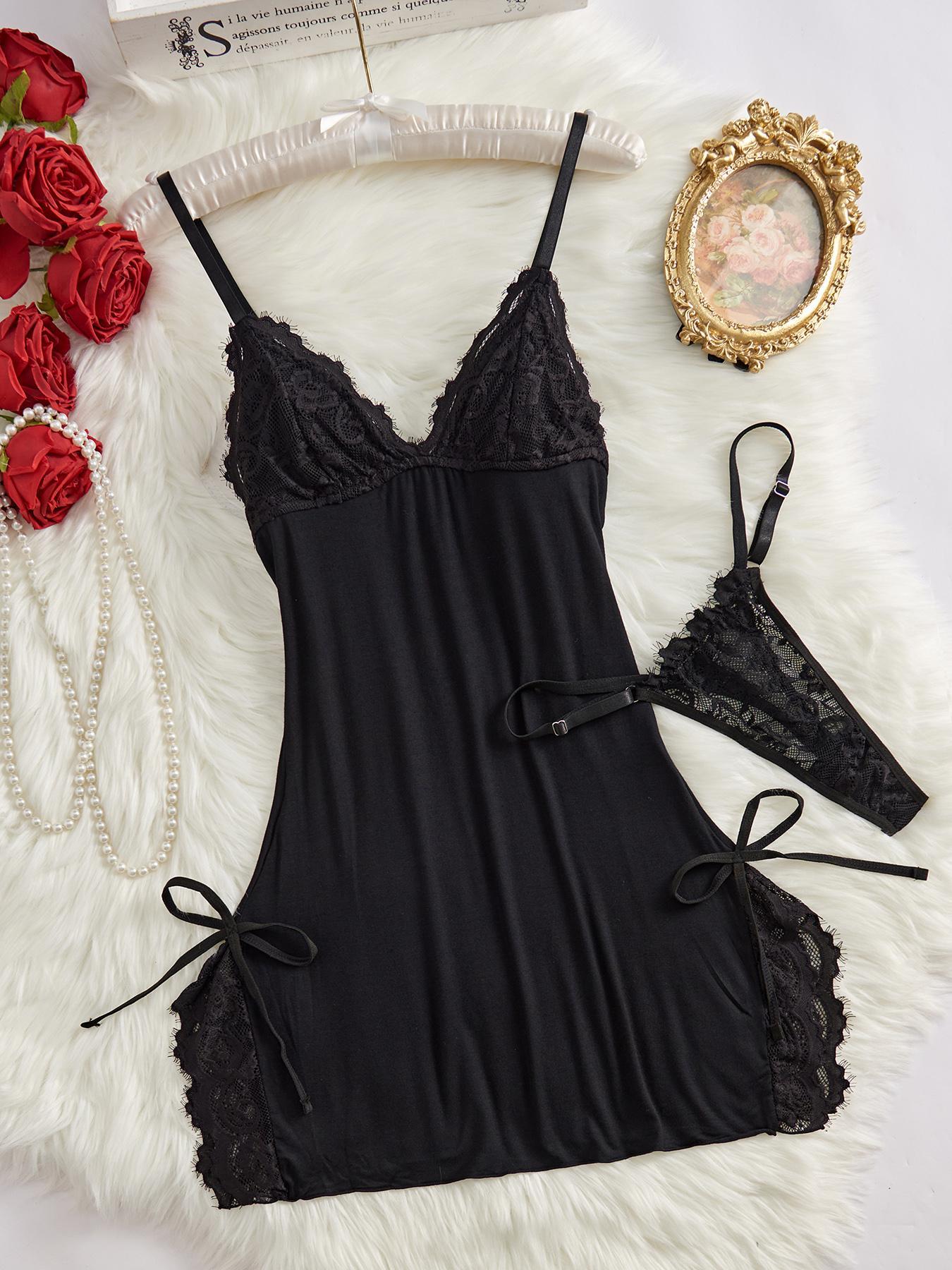 Women's Bow Decor Contrast Lace Cami Nightdress & Thong Set, Comfy Sexy Fitted Lingerie for All Seasons, Fashion Ladies Sleepwear & Homewear