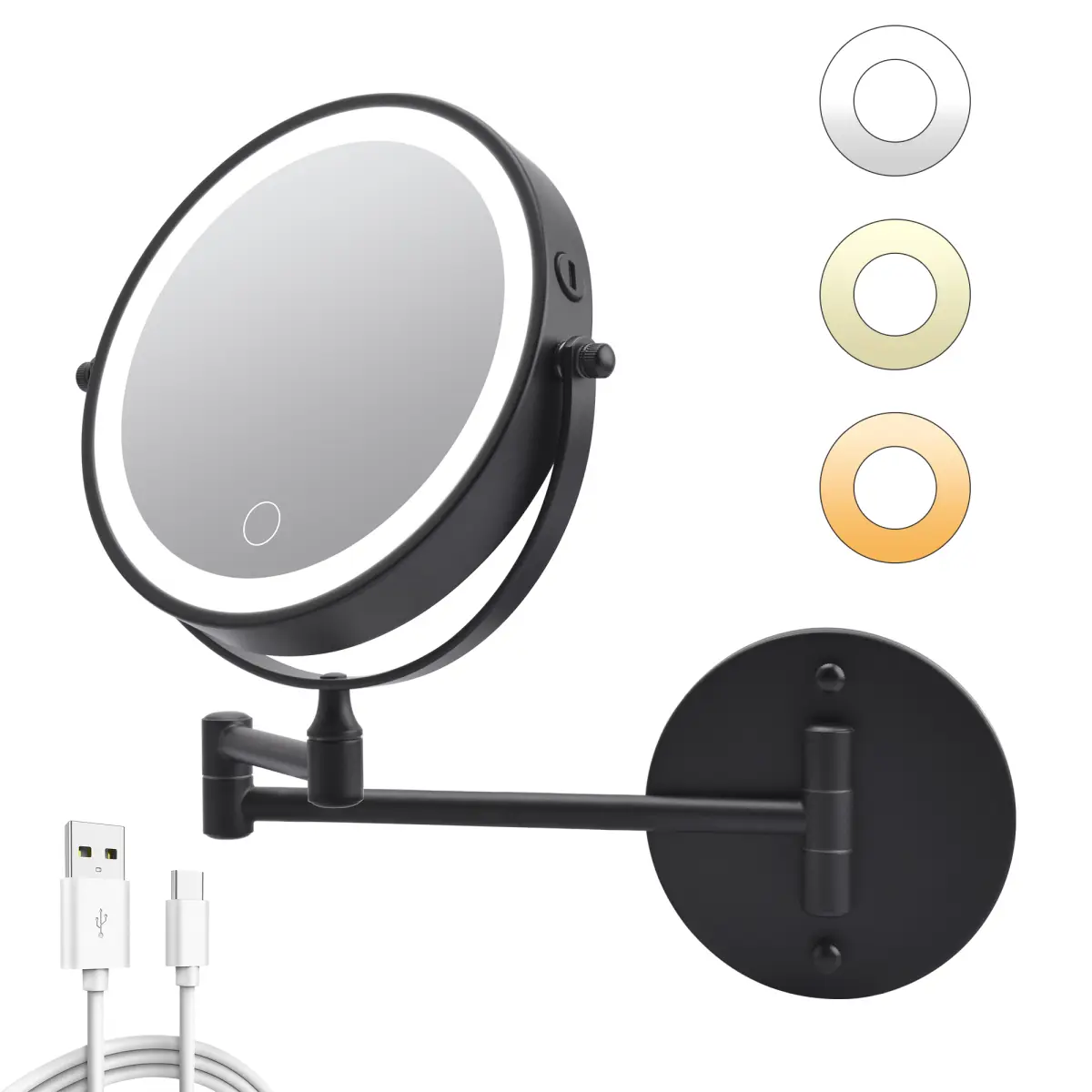 8'' Wall Mount LED Makeup Mirror with Lights, 1X 10X Magnifying Vanity Mirror, Rechargeable Double Sided Mirror with 360° Swivel Extendable Arm for Bathroom Shaving Skincare