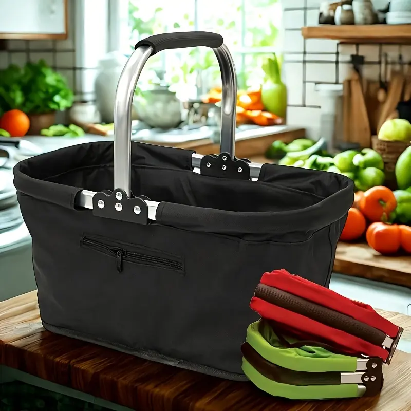 Foldable aluminum frame basket, large zippered side pockets, foldable Oxford cloth shopping basket, insulated basket, portable picnic basket, tote basket, fast food basket, supermarket shopping basket
