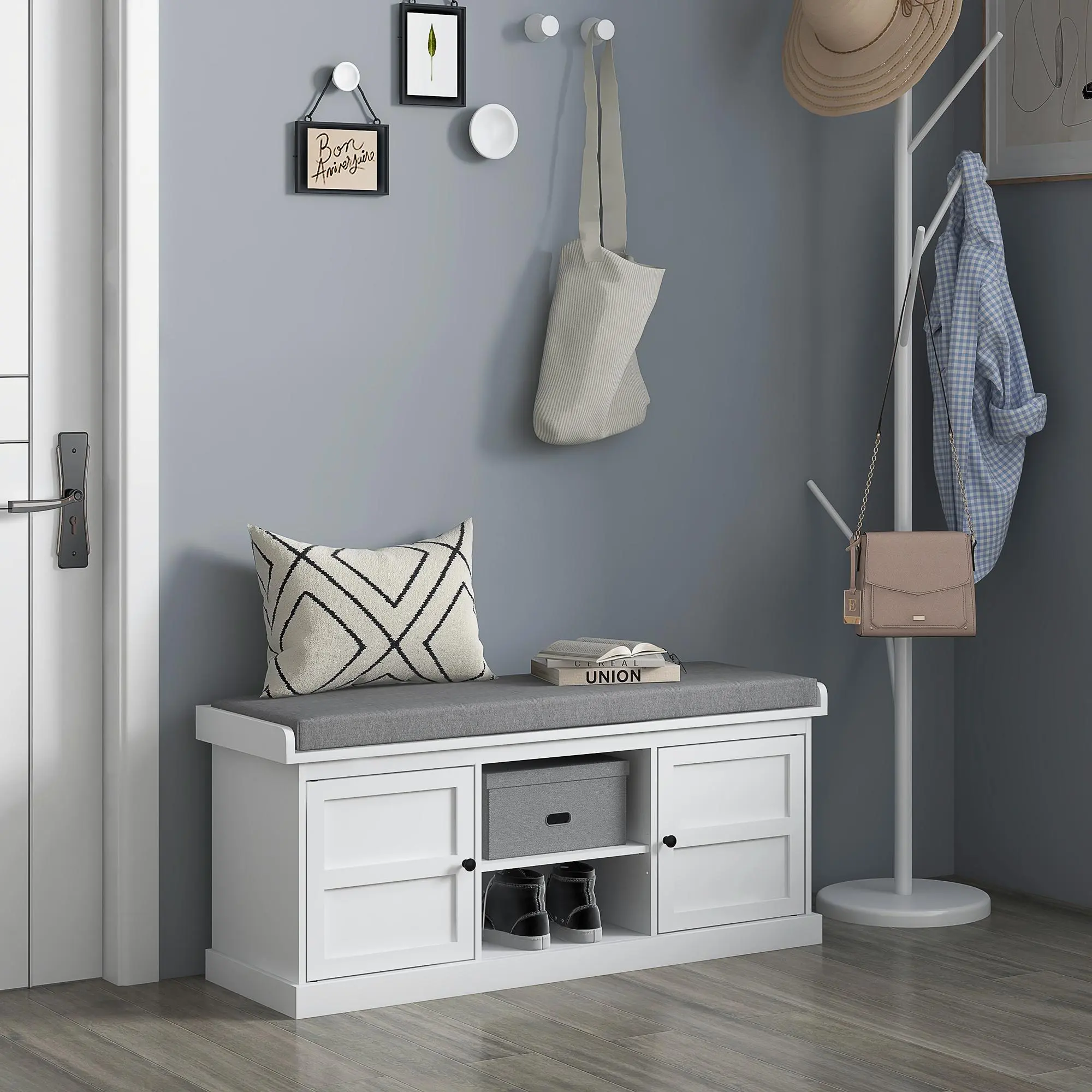 Shoe Storage Bench with Cushioned Seat, Entryway Bench with 2 Cabinets & Adjustable Shelf, Shoe Organizer Cabinet for Hallway, Mudroom & Living Room, Hidden Shoe Storage Bench, Freestanding Entryway Furniture, White