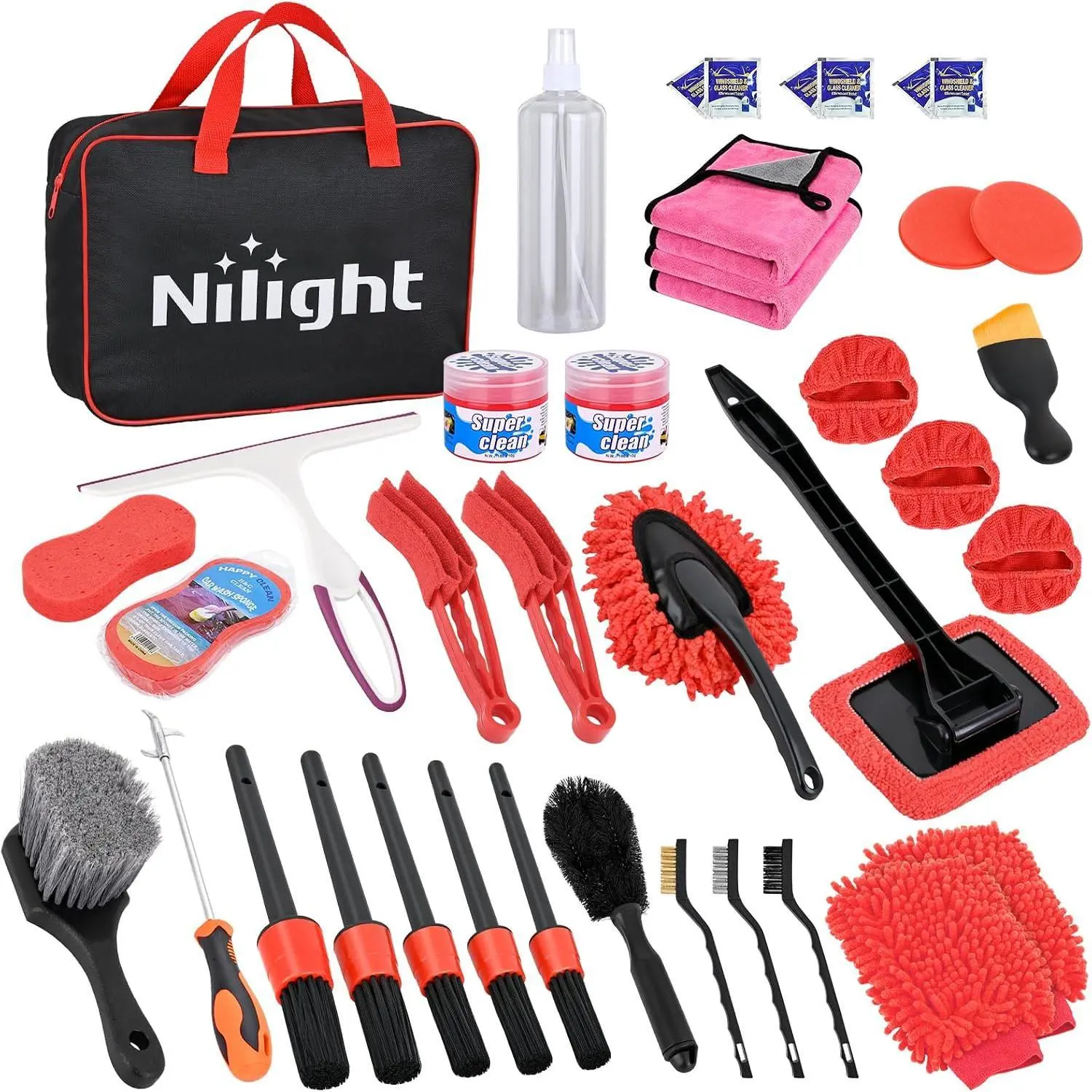 Nilight 37PCS Scratch-Safe Car Detailing Kit Set with Soft Bristles, Storage Carry Bag - For Cars/Motorcycles Interior-Exterior Deep Clean, Windshield, Dashboard, Seat, Air Vents, Wheels, Tires (Red)