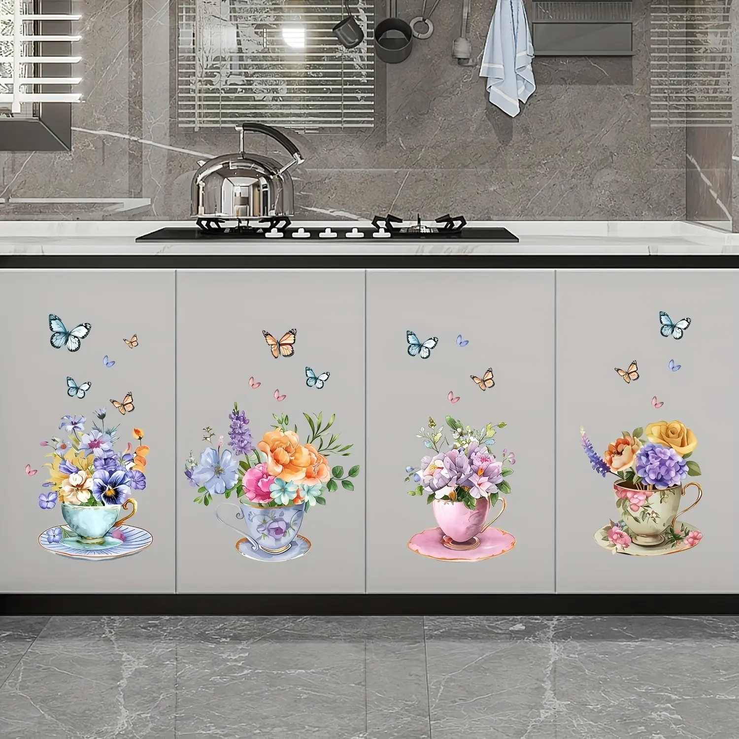 2 Sheets 4 Colorful Butterfly Flower Cup Wall Stickers Decor, Watercolor Floral Self-Adhesive Vinyl Wall Decals for Kitchen, Living Room, Bedroom, Porch, Decorative Wall Sticker