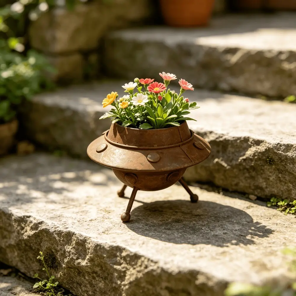 1pc Vintage Distressed UFO Flower Pot, Rust-Colored Metallic Texture, Unique Three-Legged UFO Design, Creative Artistic Planter for Outdoor Gardens, Unique Pots