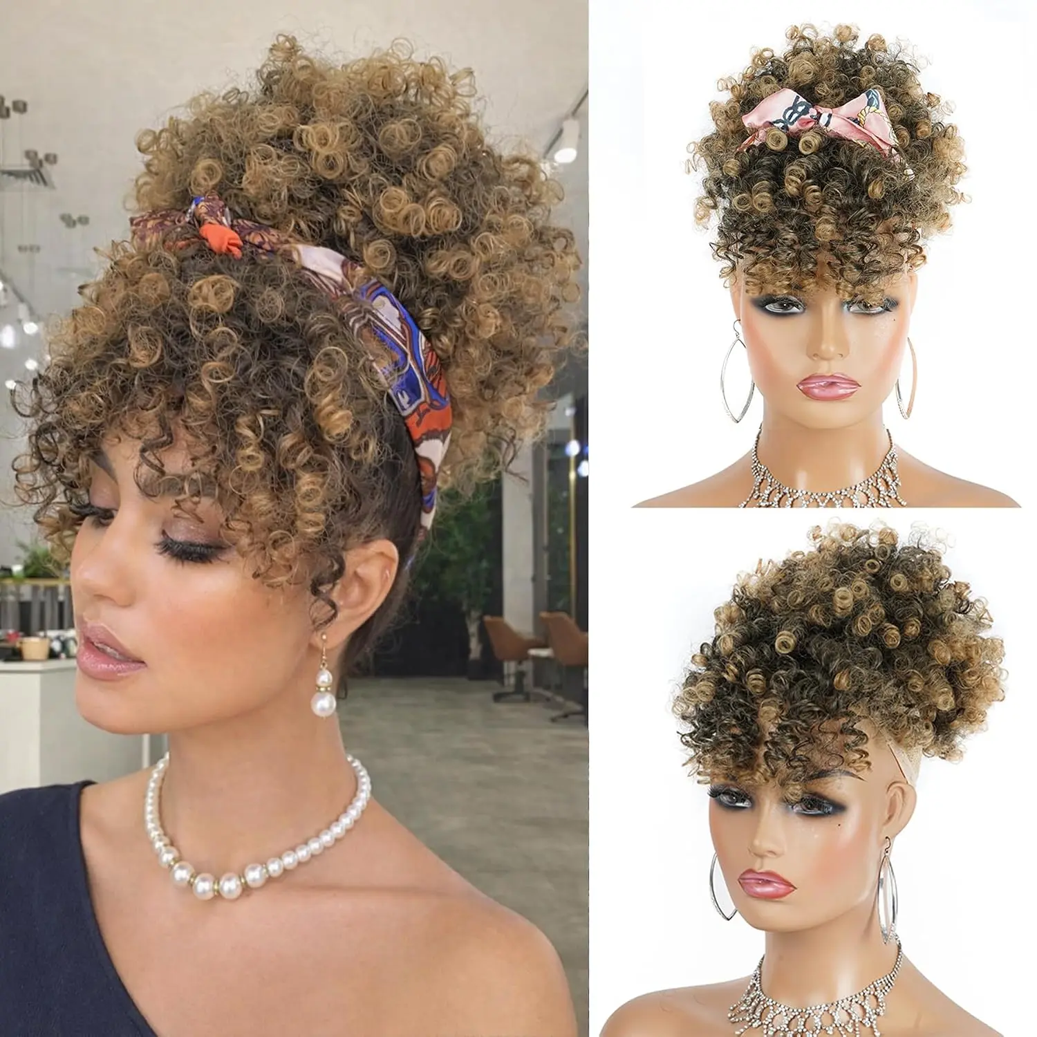 Afro Puff Drawstring Ponytail with Curly Bangs Ombre Blonde Hairpiece | Short curly T27 ponytail extension with bangs. Synthetic pineapple updo hairpiece with a free headband for protective styling