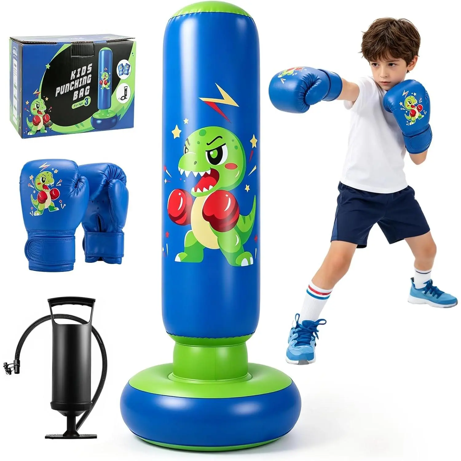 Inflatable Punching Bag, 66 Inch Stable Inflatable Boxing Bag for 3-12 Kids,Dinosaur Toy & Gifts for Boys and Girls, Kids Boxing Set for Practicing Karate, Taekwondo