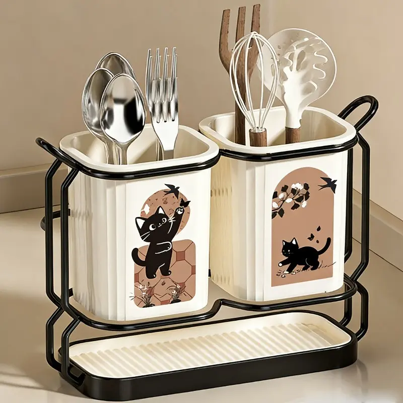 1set Kitchen Utensil and Knife Storage Rack, Kitchenware, Home, 2 Buckets, Wall-Mounted and Countertop, Detachable Tray, Cute Cat Design, Durable, Ideal for Cooking Tools