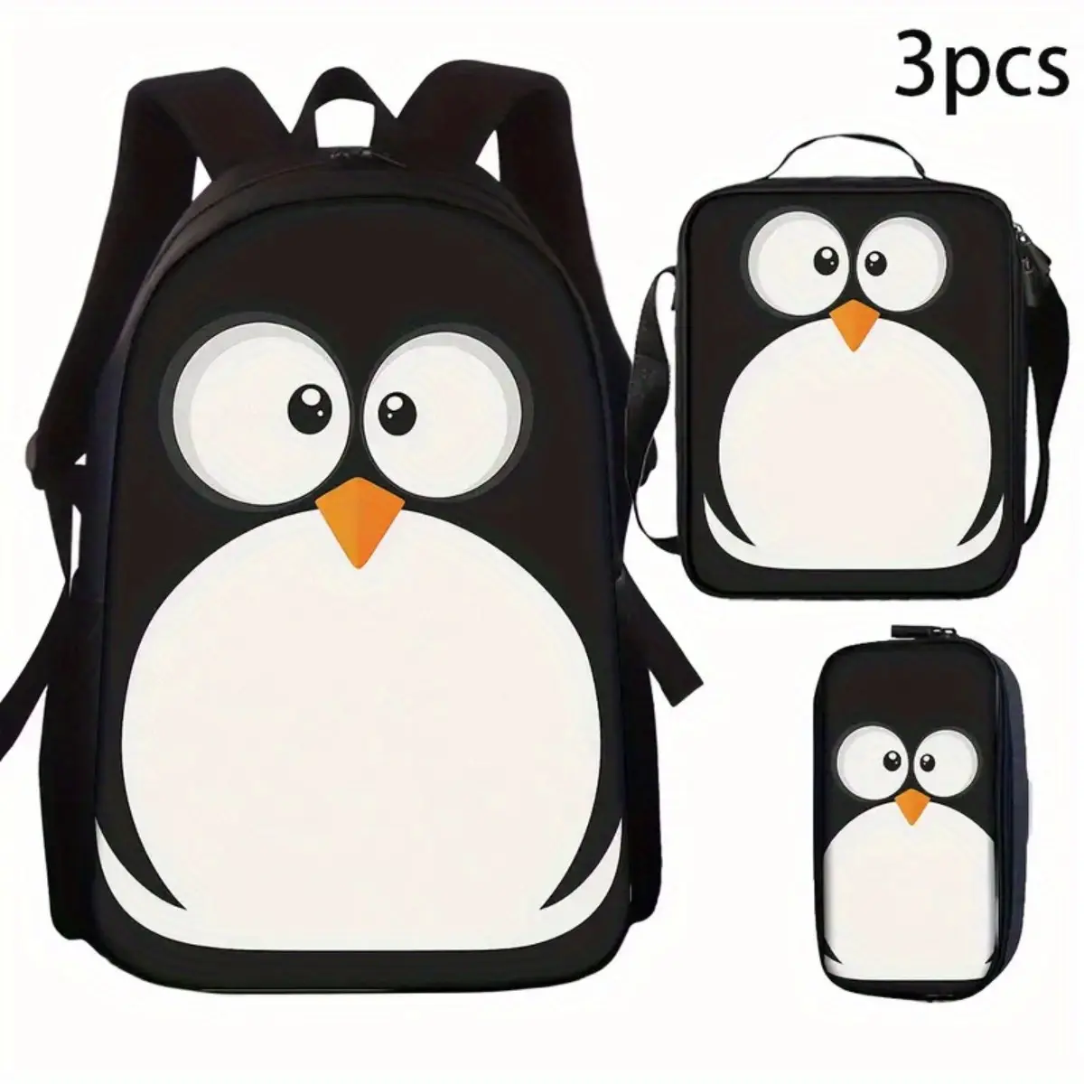 3pcs Large Capacity Penguin Theme Backpack Set | Fashionable Cartoon Print Polyester Bag with Adjustable Straps, Zipper, and Compartments - Lightweight, Cute Animal Theme - School Backpack, Travel Backpack, Work Backpack, Whimsical Design Backpack