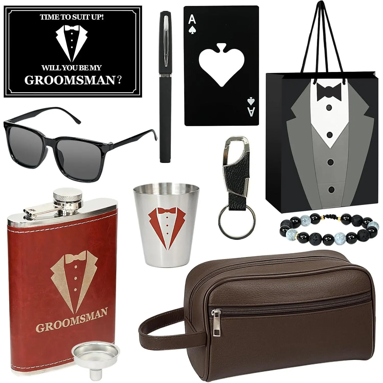 11 count Groomsmen Proposal Gifts - Groomsmen  Boxes with Leather Bag,Tuxedo Flask, Funnel,Shot Glasse, Card Bottle Openers, Sunglasses, Pen,Bracelet, Card &  Bags for Wedding Party (Brown)