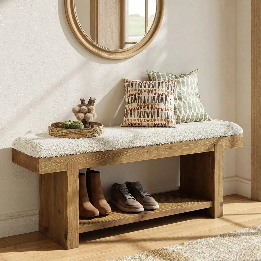 47.2" Solid Wood Bench, 2-Tier Farmhouse Upholstered Entryway Bench With Storage Shelf, Narrow Rustic Bench Bedroom, Entryway, Mudroomn, White & Brown