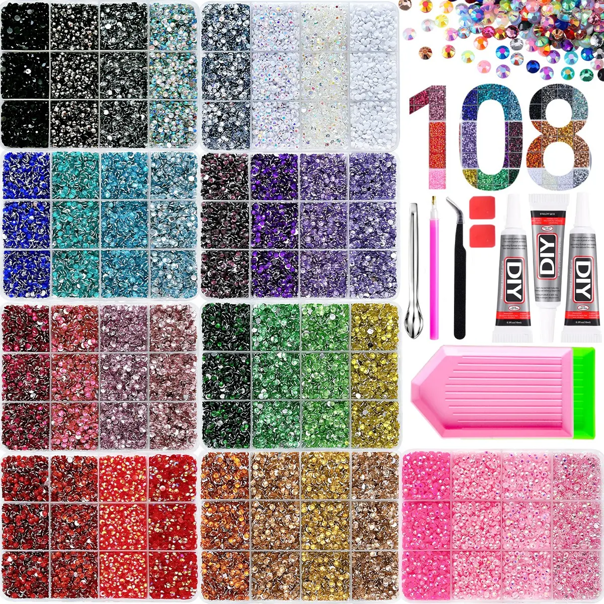 1Set 108 Colors Shiny Silver Flatback AB Nail Bedazzling Rhinestones Kit Hot Sale 3mm Multi-colors Jelly Resin Crystal Diamond with Tools DIY Backpack Eatch Lipstick Nails Storage Box