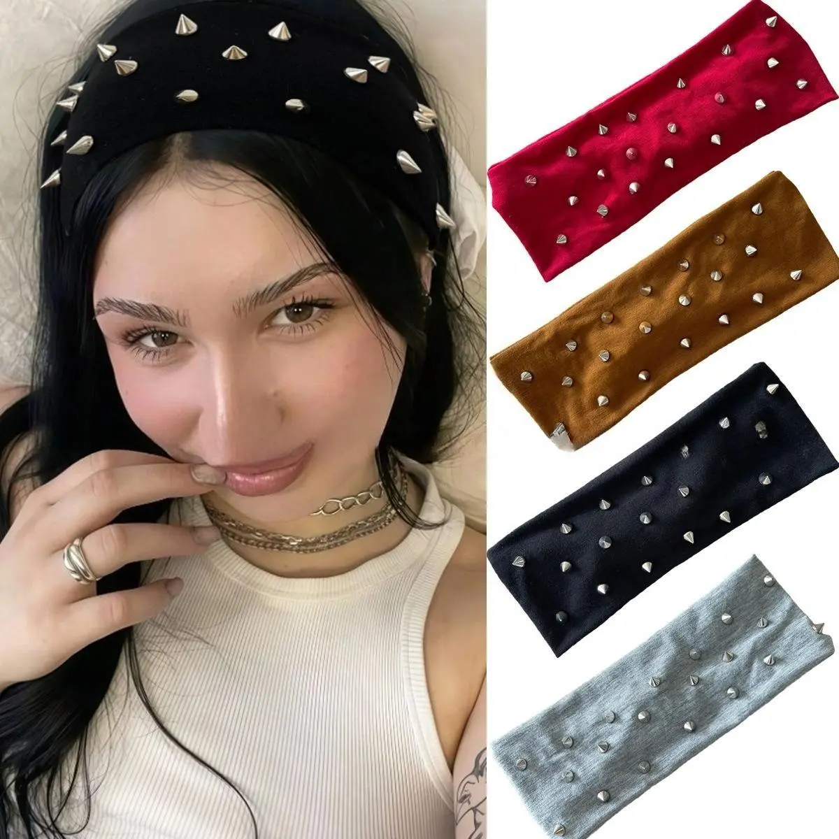 Baddie Spiked Studded Punk Headband | elastic wide hairband gothic street fashion grunge metal rivets hair wrap rave festival workout y2k style accessory