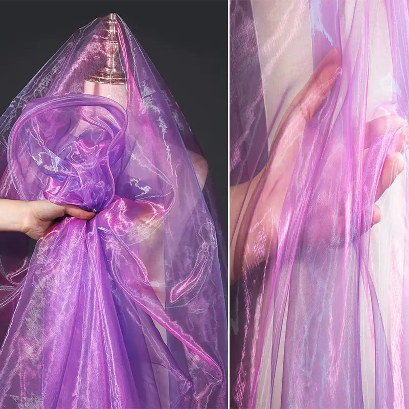 Luxurious Pink-Purple Iridescent Chameleon Organza Fabric - Glossy Maroon Color-Shift Shimmer Sheer Mesh Cloth, DIY Sewing & Crafts Material for Students’ Cosplay Costumes, Crochet Projects with Dreamy Holographic Effect