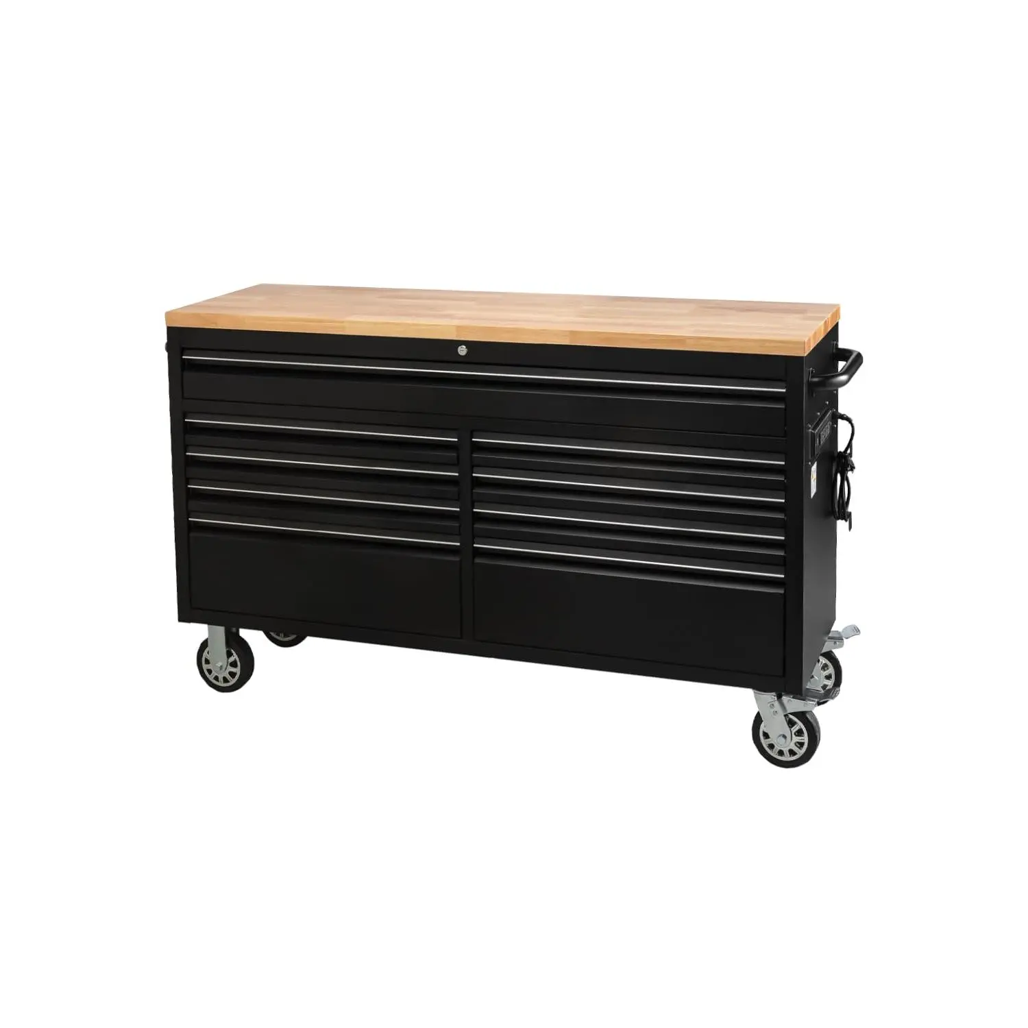61-Inch Rolling Tool with  Wheels,Chest and Mobile Workbench with 9 Lockable Drawers – Steel Storage Cabinet, Rubber Wood Top