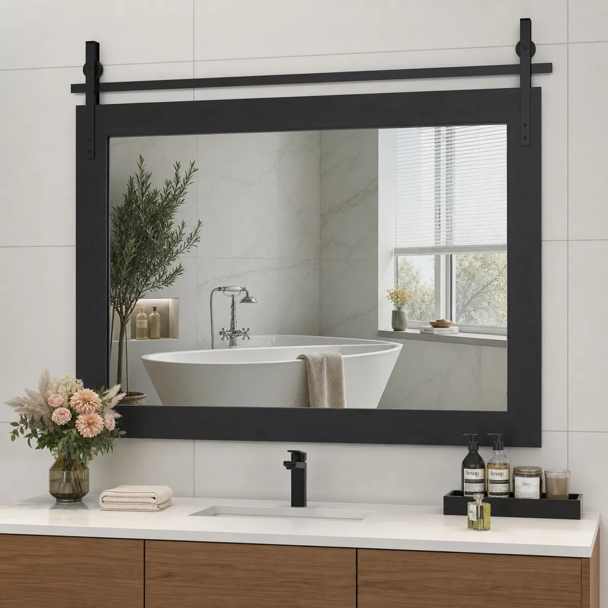 ARCH 40x26 Inch Farmhouse Bathroom Mirror, Rustic Wood Framed Wall Mounted Vanity Mirror, Black Vintage Barn Door Style Decorative Mirror, Tempered Glass, for Bathroom Bedroom Entryway Living Room, Black Color Options, Tempered Glass Material