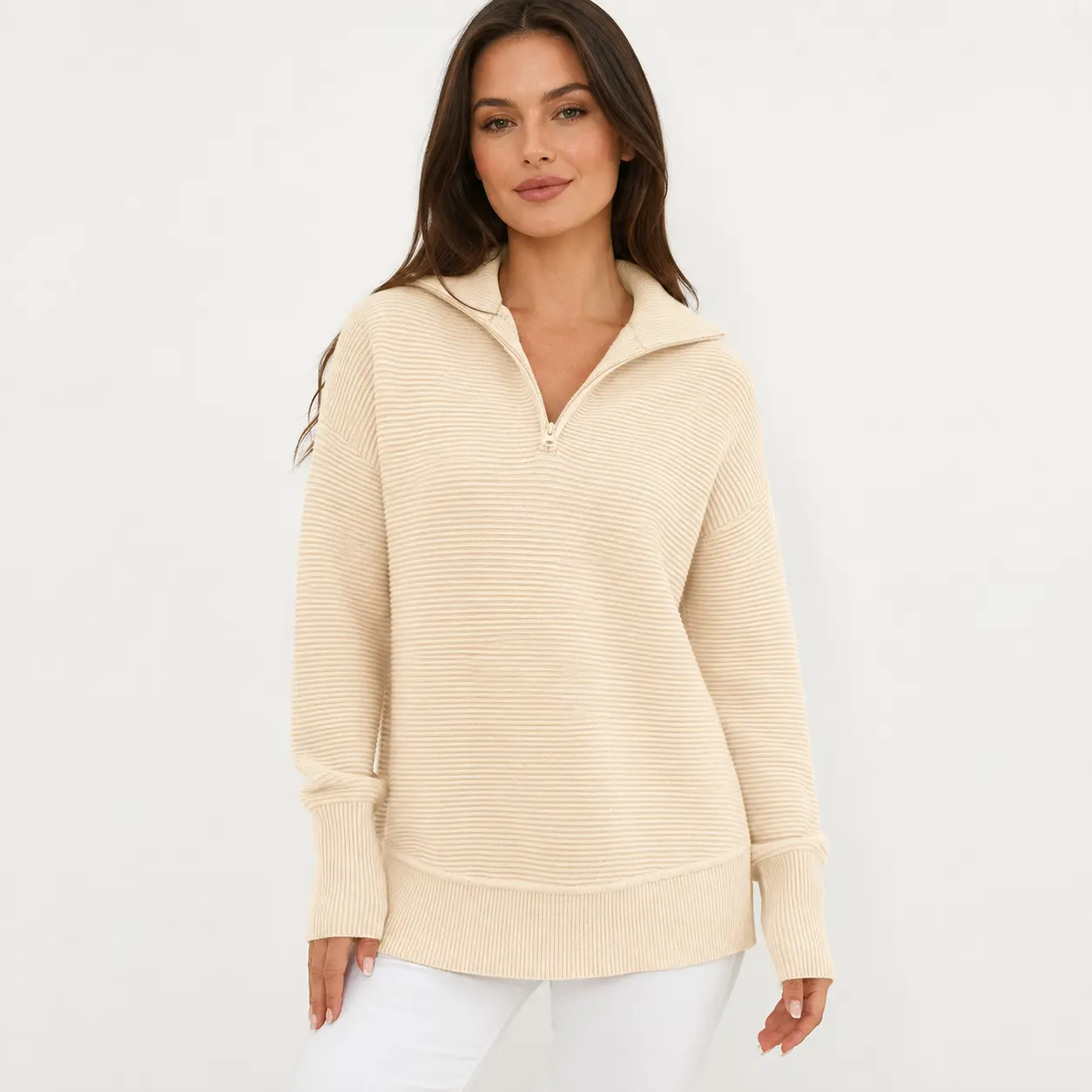 Women's Long Sleeve Quarter Zip Pullover Sweater Casual Loose V Neck Collared Ribbed Knit Jumper Tops Thumb Hole Cozy Ribbed Knit Soft Warm Trendy Colors for Every Season