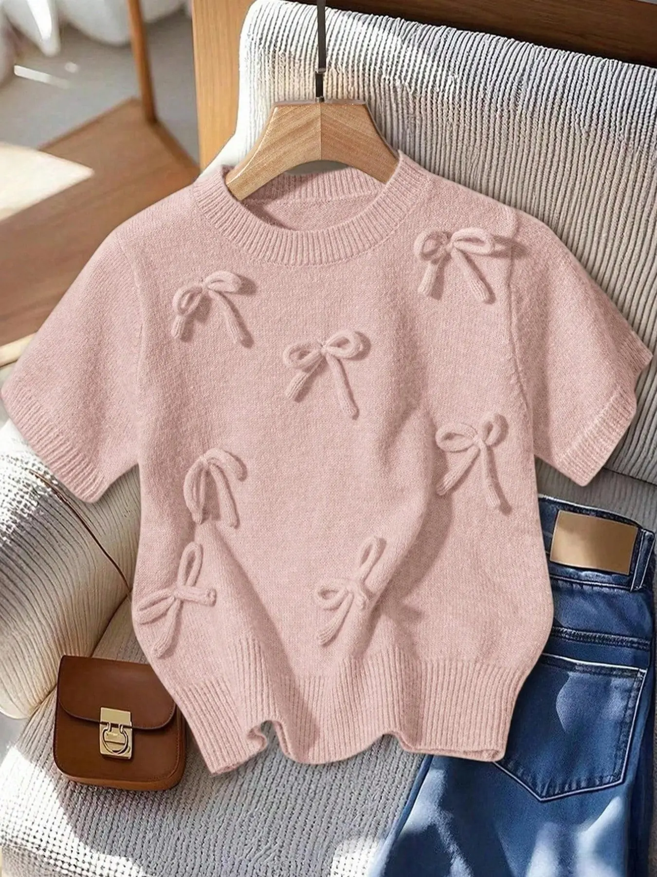 Women's Solid Color Bowknot Round Neck Short Sleeve Knitted Top, Casual Elegant Feminine Summer Spring Sweater, Ladies Fashion Pullover