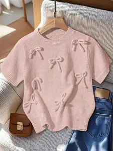Women's Solid Color Bowknot Round Neck Short Sleeve Knit Top, Casual Elegant Summer Spring Sweater, Ladies Fashion Pullover