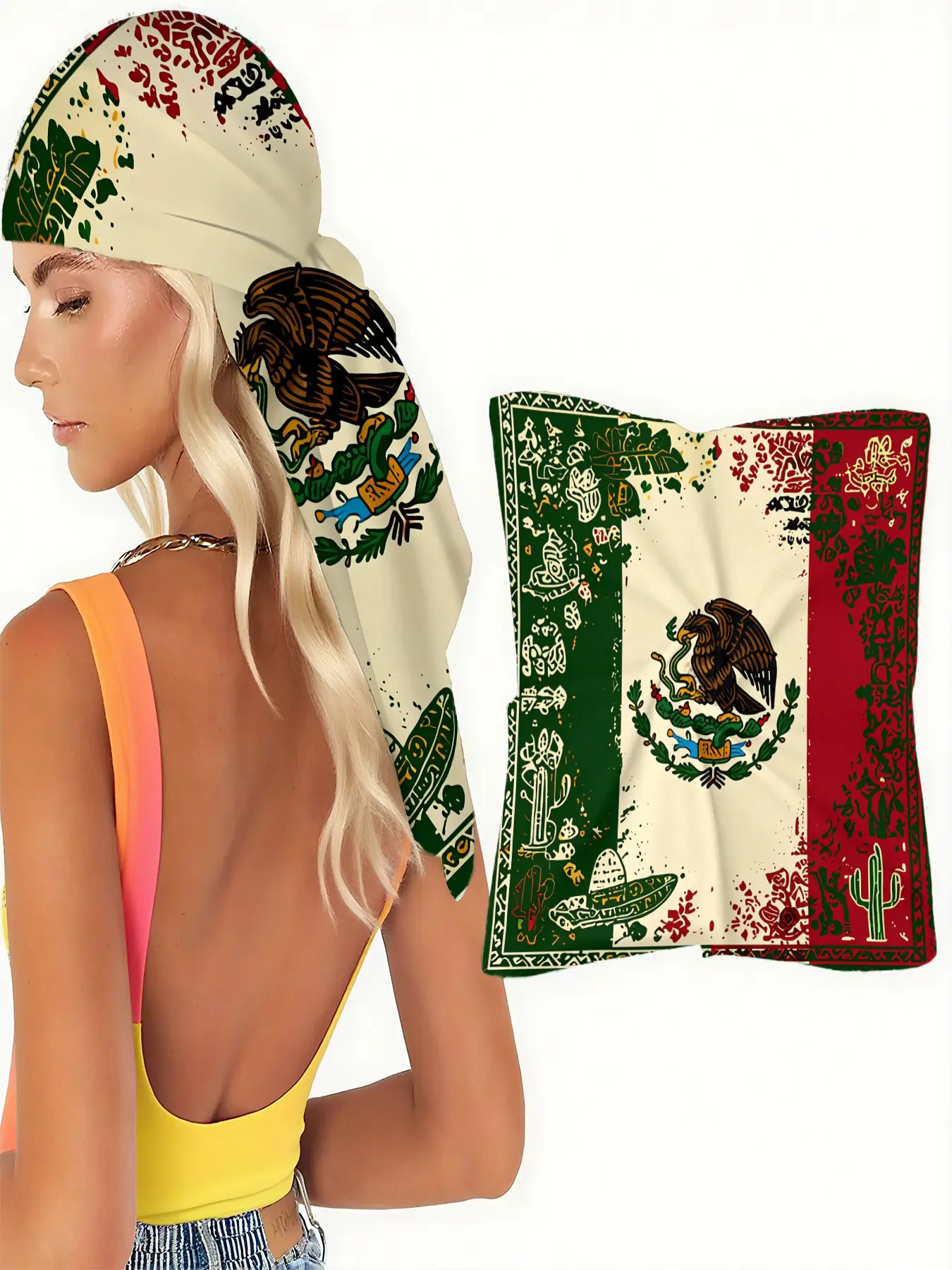 Mexico Culture Scarf, Fashion Shawl Wrap with Vintage distressed Flag, National Emblem, Cactus, Sombrero & Folkloric Patterns – Perfect for Mexican Heritage Celebrations, Cinco de Mayo Festivities, Resort Wear and Cultural Tourism Events