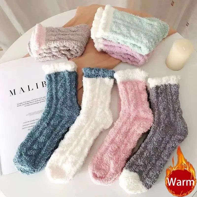 7 Pairs Women Color Block Fuzzy Coral Fleece Crew Socks Soft Fluffy Thermal Winter House Socks Warm Cozy Mid Calf Sleep Socks Multi Pastel Color Indoor Foot Warmers