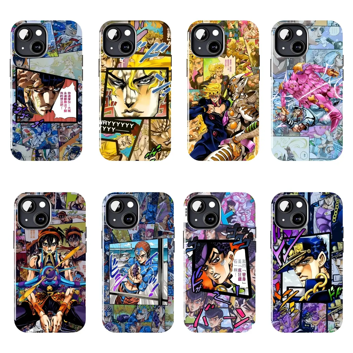 JoJo’s Bizarre Adventure Phone Case Anime Manga Collage, Jotaro Kujo Giorno Giovanna Character Artwork, Japanese Comic Style Protective Phone Cover Gift Compatible with iPhone 11–17 Pro Max/Plus series and Samsung Galaxy S23–S25 series.