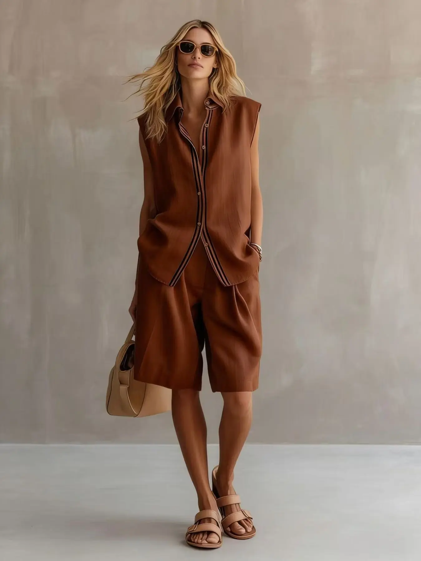 【Yazzy Exclusive】2026 Summer Women's Linen look Sleeveless Single-Breasted Co-ord Set | Casual Button-Up Tank Top & Trousers Two-Piece Outfit