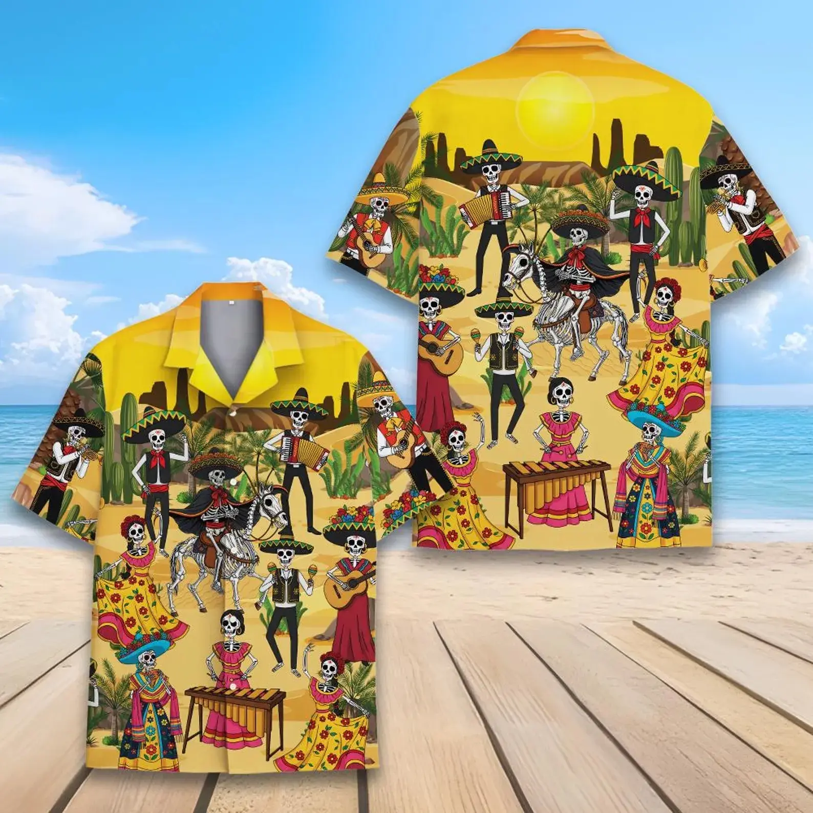 Men's Short-Sleeve Button-Down Shirt - Multi-Size Yellow Mexican Skeleton Mariachi Band Cactus Print Menswear, Classic Stylish Summer Top for Beach Trips, Casual Sports & Outdoor Activities