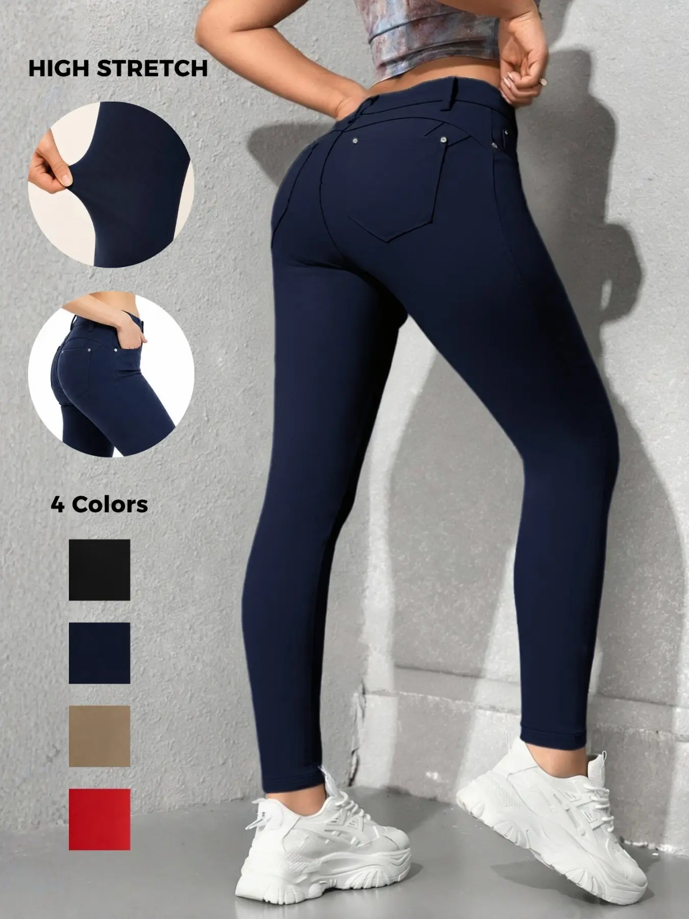 Women's High-Waisted Stretch Street Style Solid Color Stretchy Tight Pants, Fashion Metal Button Detail, Soft Comfortable Fabric Viscose, Daily Wear & Work
