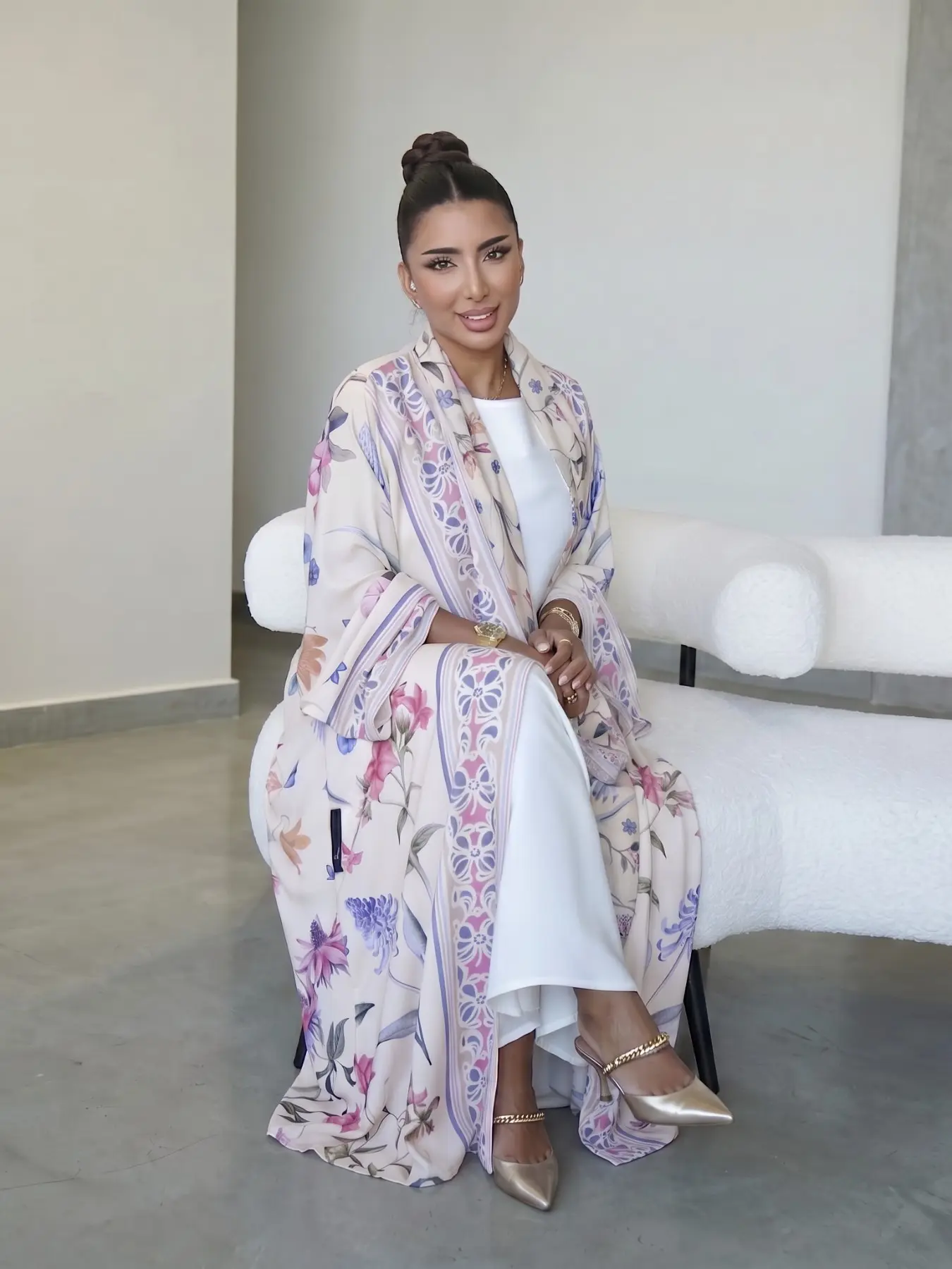 Muslim Women's Abaya Set with Hijab, Elegant Simple Floral Print Long Robe Jacket, Casual Party Beachwear, All Seasons Wear