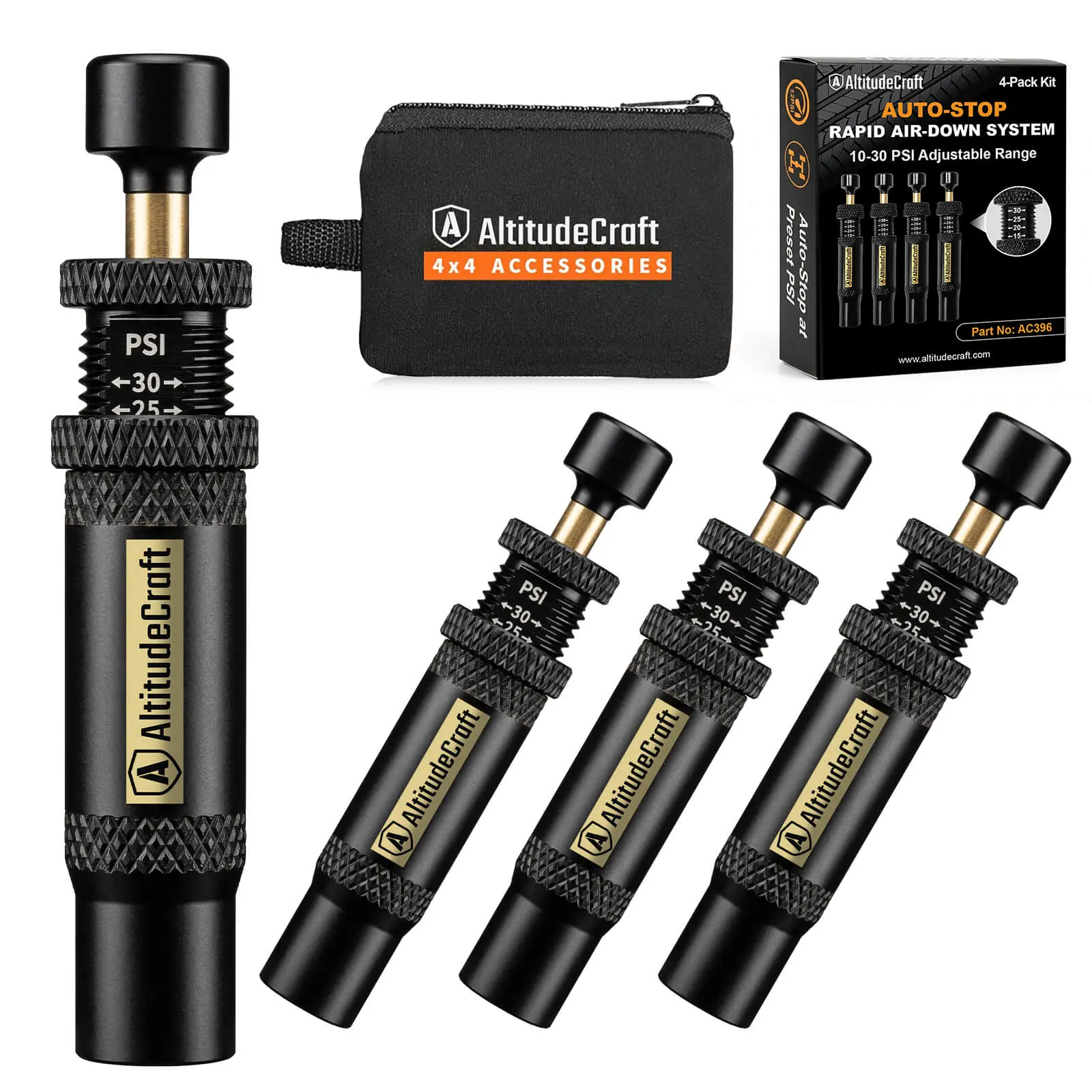 AltitudeCraft 4-Pack Tire Deflator Kit, Automatic Off-Road Tire Tyre Valve Tools with Inflator Function, Hands-Free Rapid Air Down (10-30 PSI) for Beach & Trail Automotive Repair