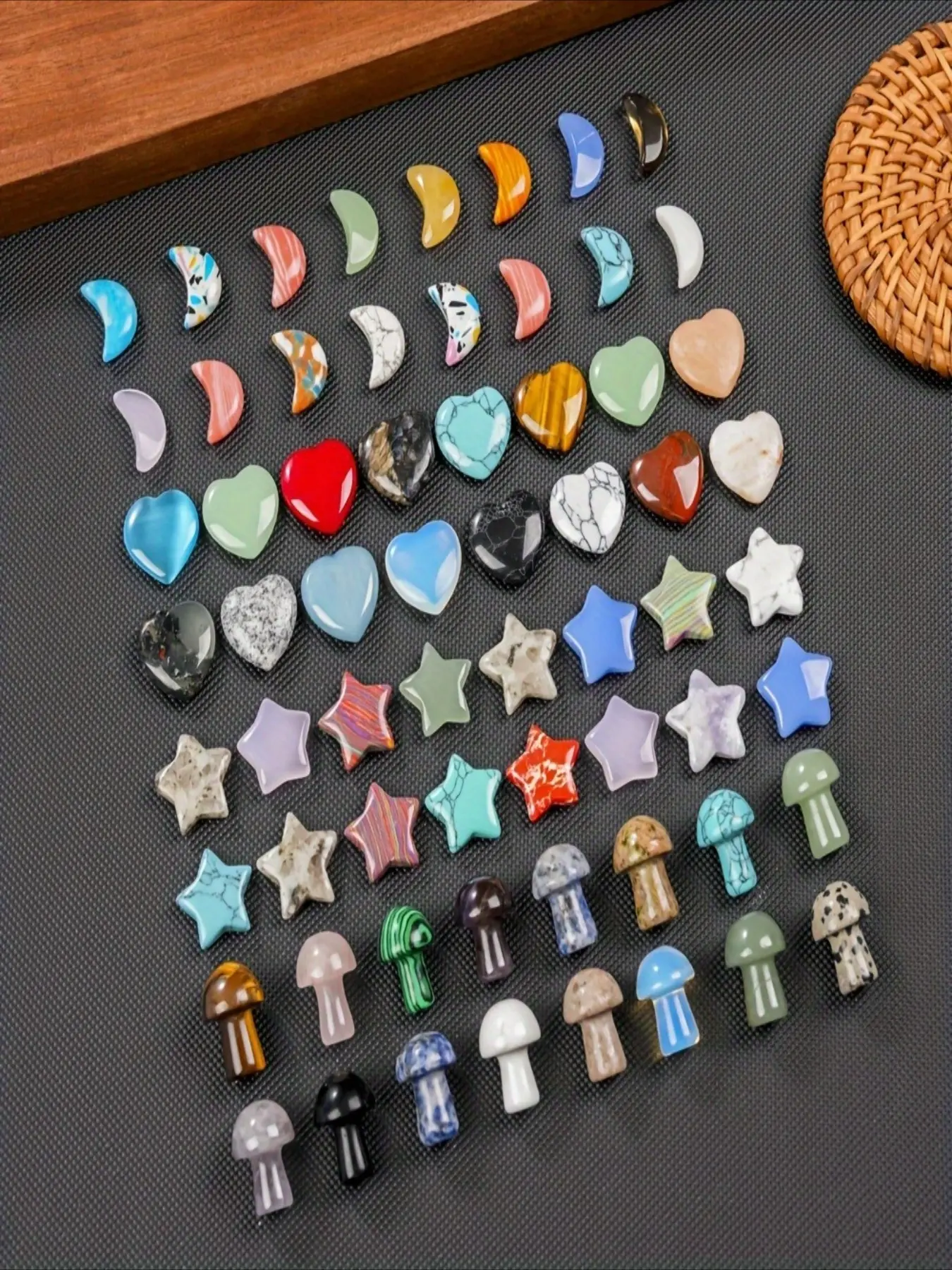 64 pieces crystal mushroom sculptures, heart-shaped crystal moons, crystal stars, bulk crystal stones, worry stone assortments, palm & thumb gemstones for handmade jewelry making supplies, Crystal Decor, Crystal Decoration Set