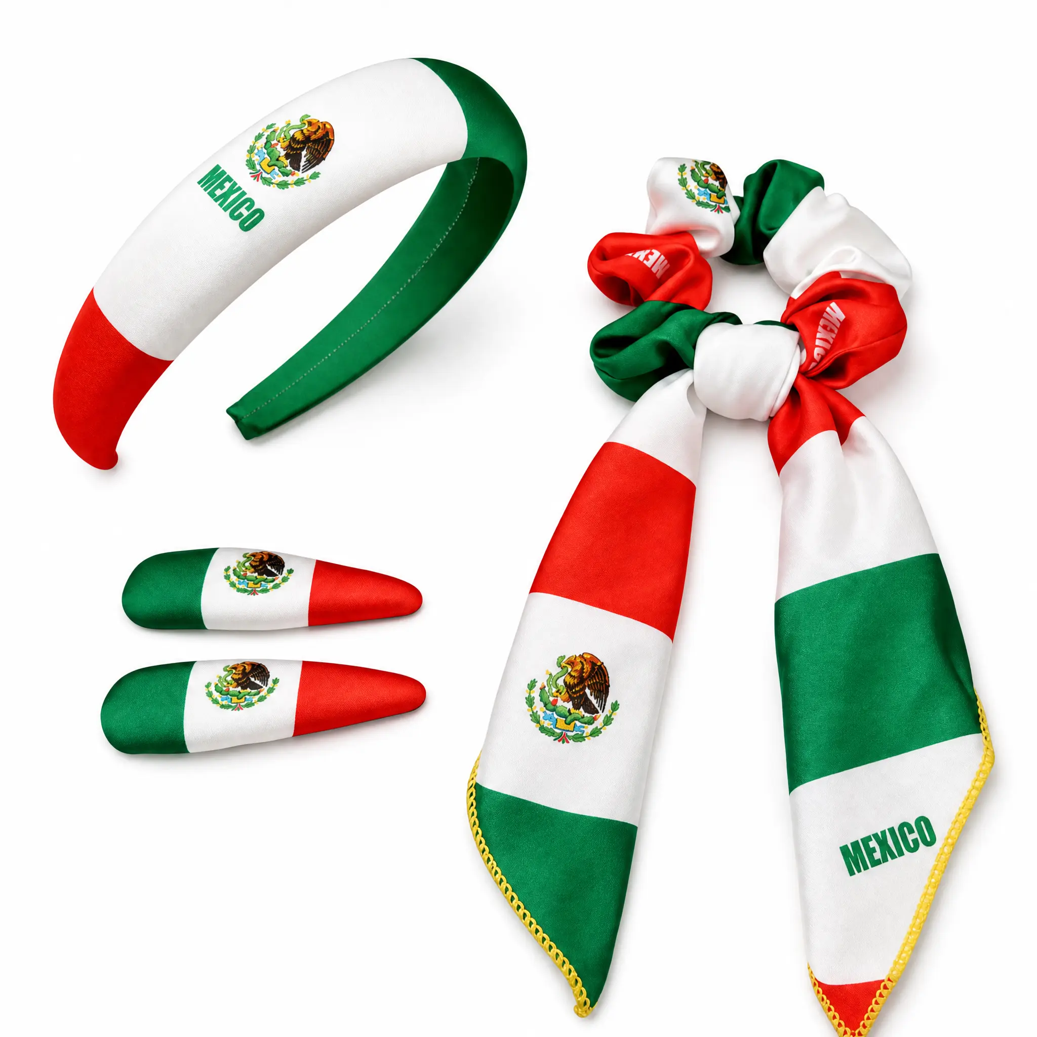 Women's Soccer Fans 4-Piece Satin Mexico Flag Colors Hair Accessories Set - Smooth Headband, Curly Bow Scrunchie Scarf, Football Fashion for Bonfire Game Day, Patriotic Celebration, Gentle, Machine Washable Gift Set