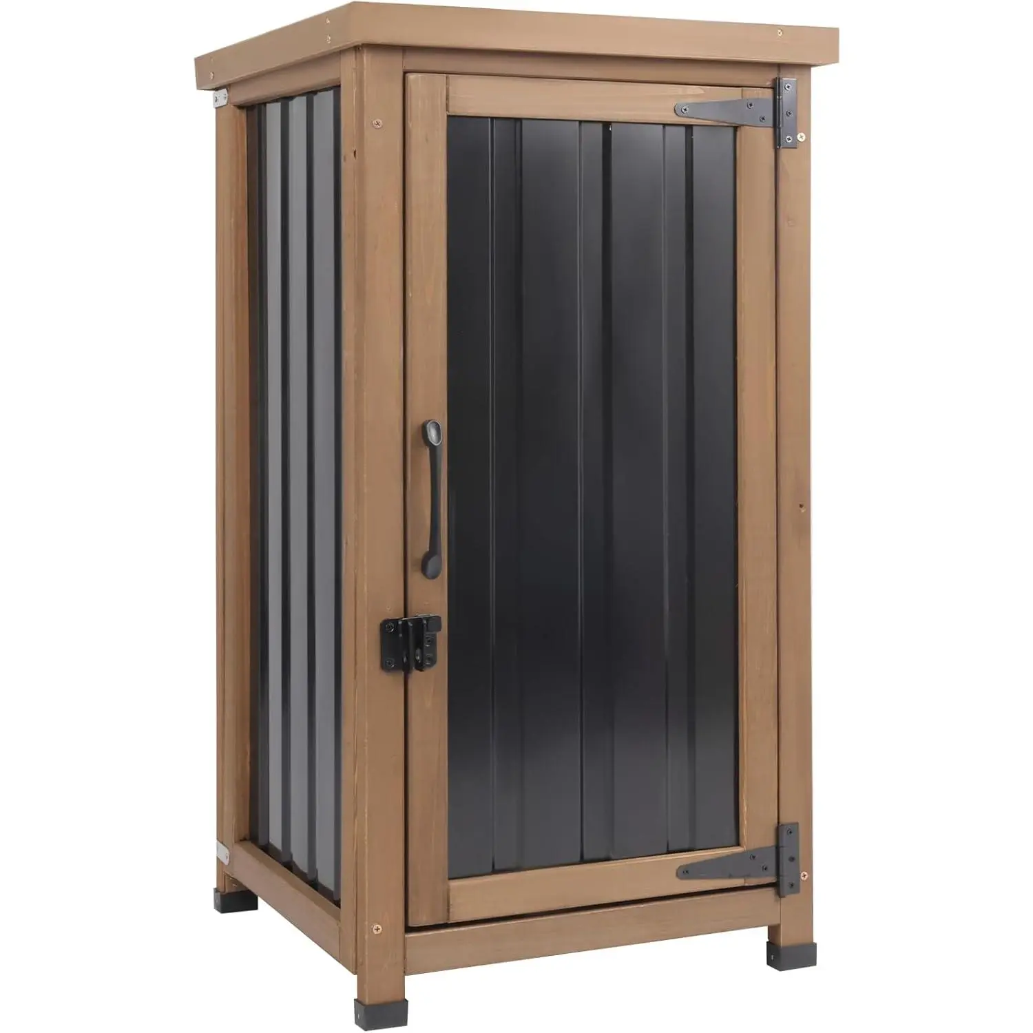Small Outdoor Storage Cabinet Waterproof with Metal Top, Wood & Metal Outside Potting Bench Table Tool Organizer with Adjustable Shelf for Patio Backyard Garden
