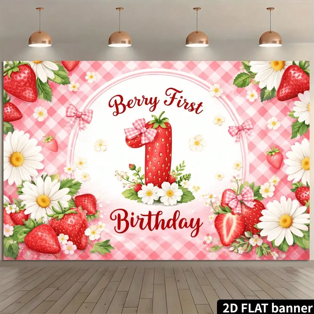 2D Flat Strawberry-Themed 1St Birthday Backdrop, Pink And White Checkered With Strawberry Daisy Elements, Printed With "Berry First Birthday" Text, Fresh And Sweet Style, Durable Polyester Material, Easy To Store