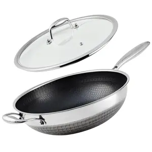 Hybrid Stainless Steel Wok Pan 13 Inch with Lid – Nonstick Stir Fry Pan, PFOA Free, Induction Compatible, Dishwasher Safe, Durable Multi-Layer Kitchen Cookware – With Lid
