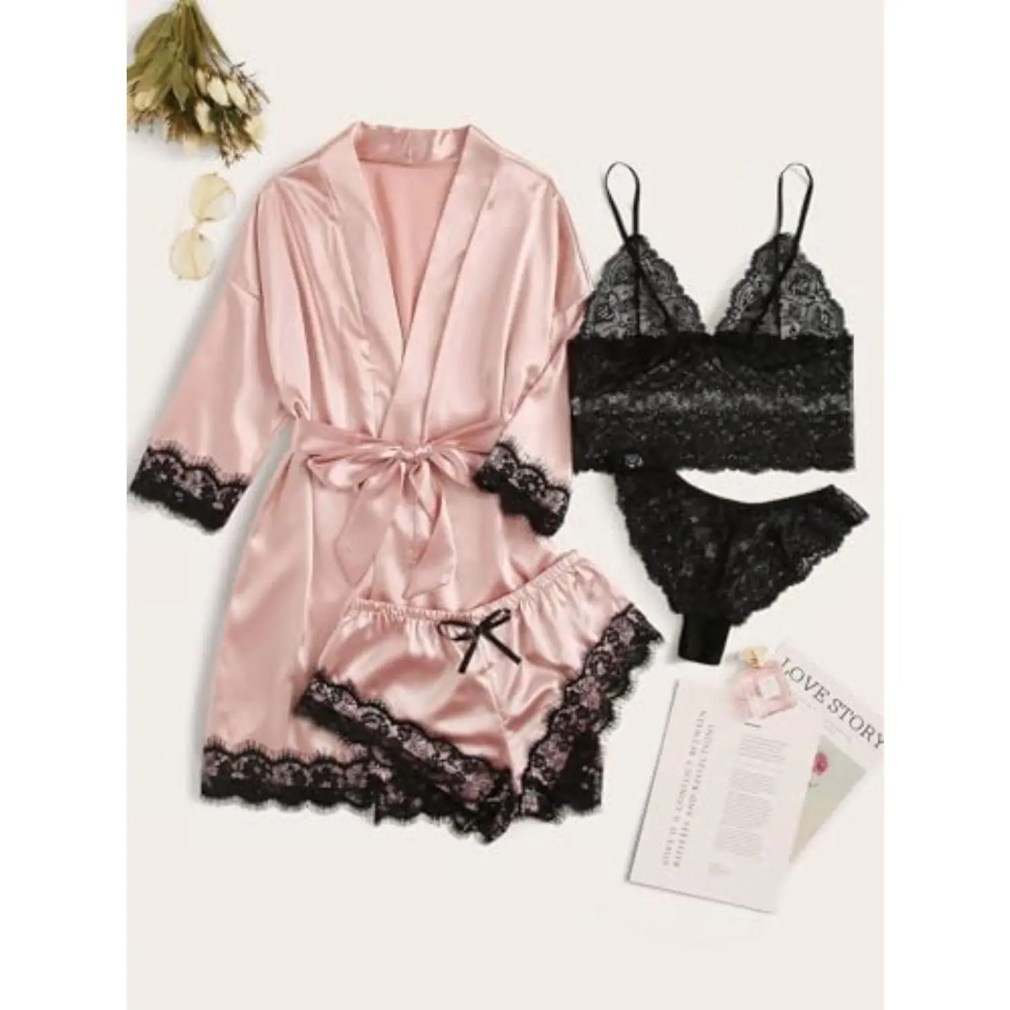 Women’s 4-Piece Feminine Matching Summer Loungewear Set - Soft, Breathable Cami Spaghetti Strap Top, Lace Trim Shorts, Elastic Comfortable Homewear for Sleeping, Relaxing, Fabric, Fit