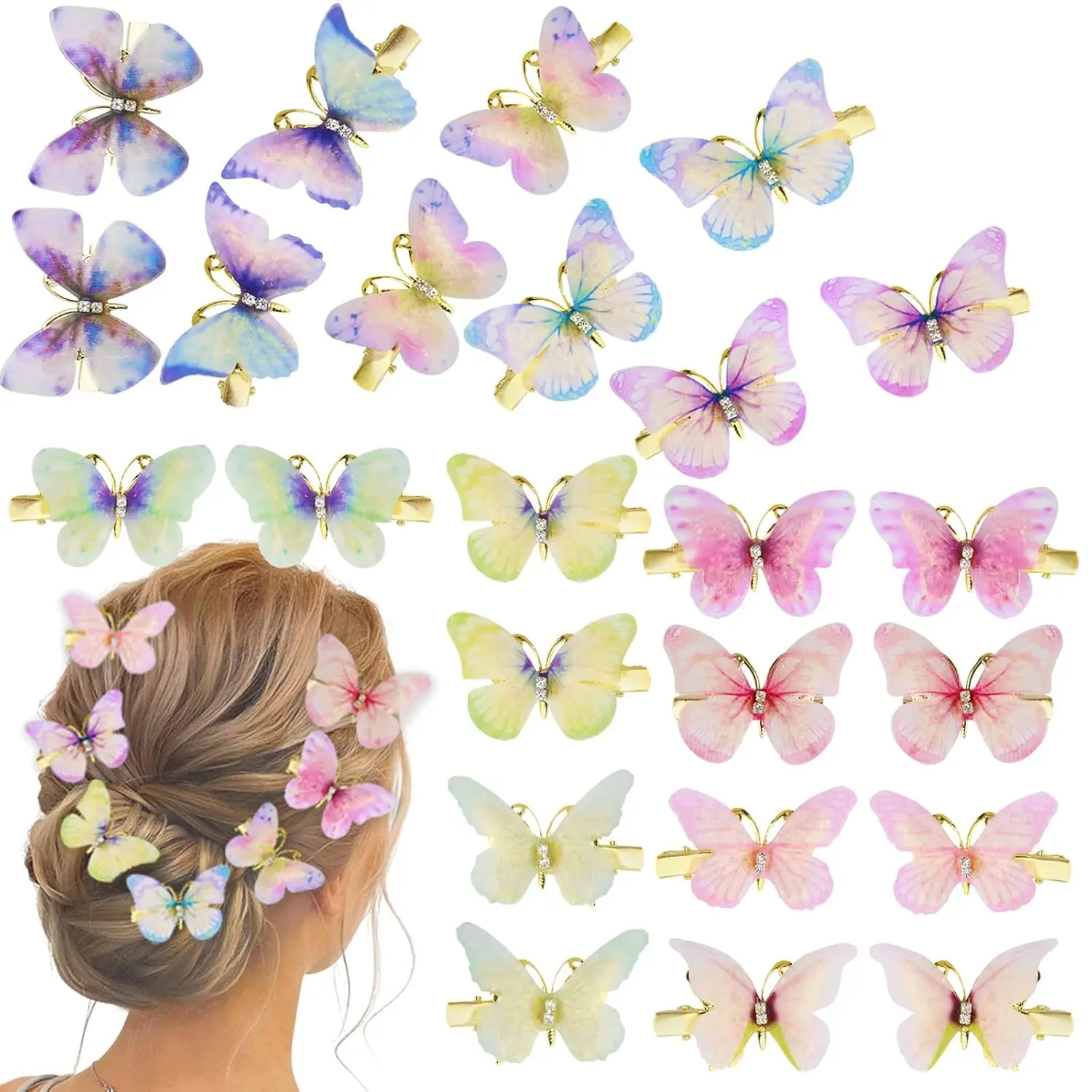 24 count Colorful Butterfly Hair Clips, Small Sparkle Hair Claws for Women, Y2K Aesthetic Colorful Cute Non-Slip Grip Hair Accessories for Wedding Party School Daily Use ( Color)