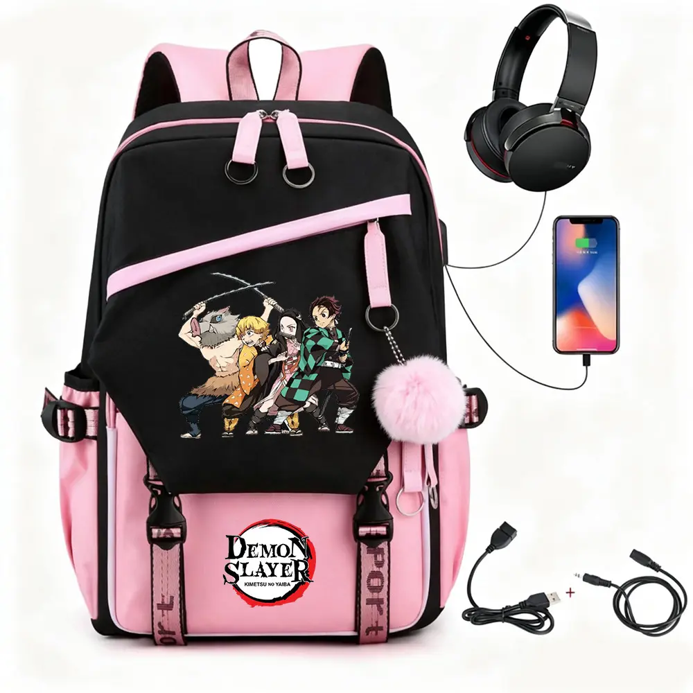Demon Slayer Anime Backpack with USB Port and Anti-theft Pocket, Large Capacity Casual Laptop Daypack for School and Travel, Cow Hide, Basic, Modest, Holiday, Back To School Haul, School Backpacks Inspo